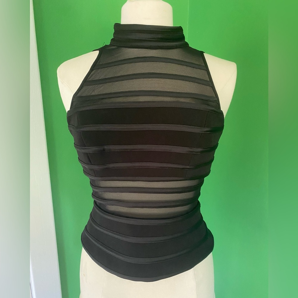 Y2K 2000s Cache Sheer Striped Sleeveless Mock Neck Top made in Canada